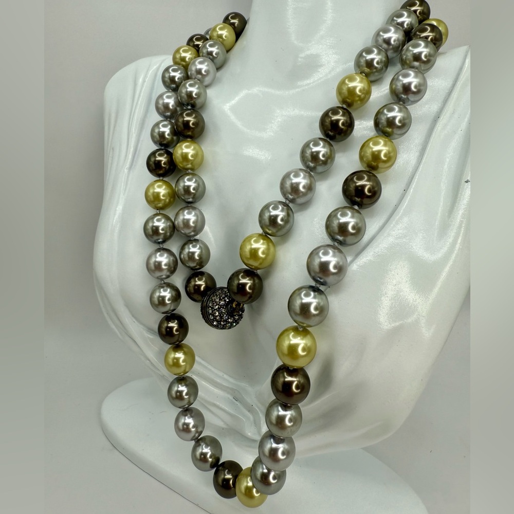 Heidi Daus Faux Pearl Necklace 36” — Multi-Tone Double Strand w Pave Screw Clasp - Picture 8 of 17